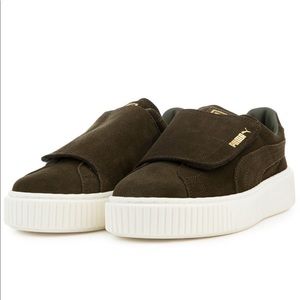 Green suede puma platform sneakers
